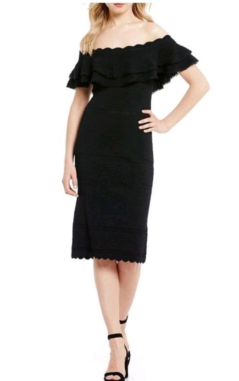 Eliza J Black Double Ruffle Scallop Ribbed Sheath Dress – Size Small NWT